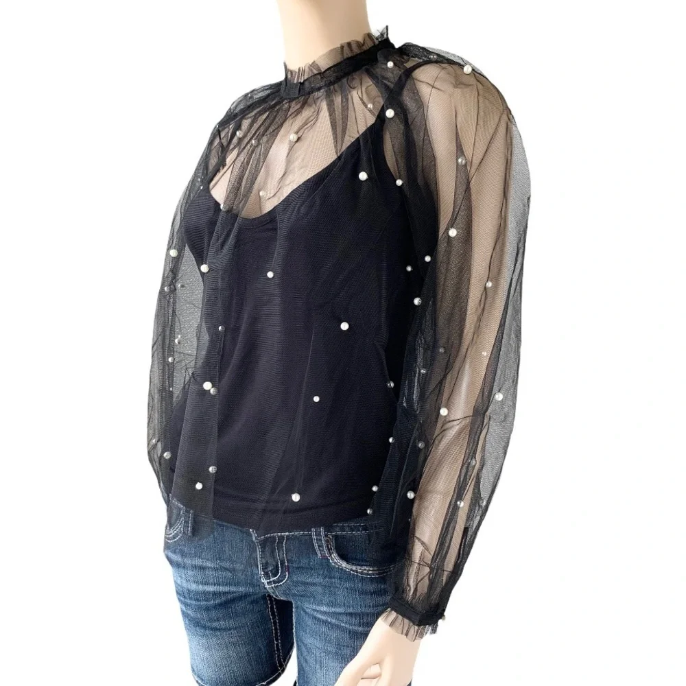 🌸New🌸 Embellished Sheer Mock Top Black INC Sz S - Picture 9 of 9